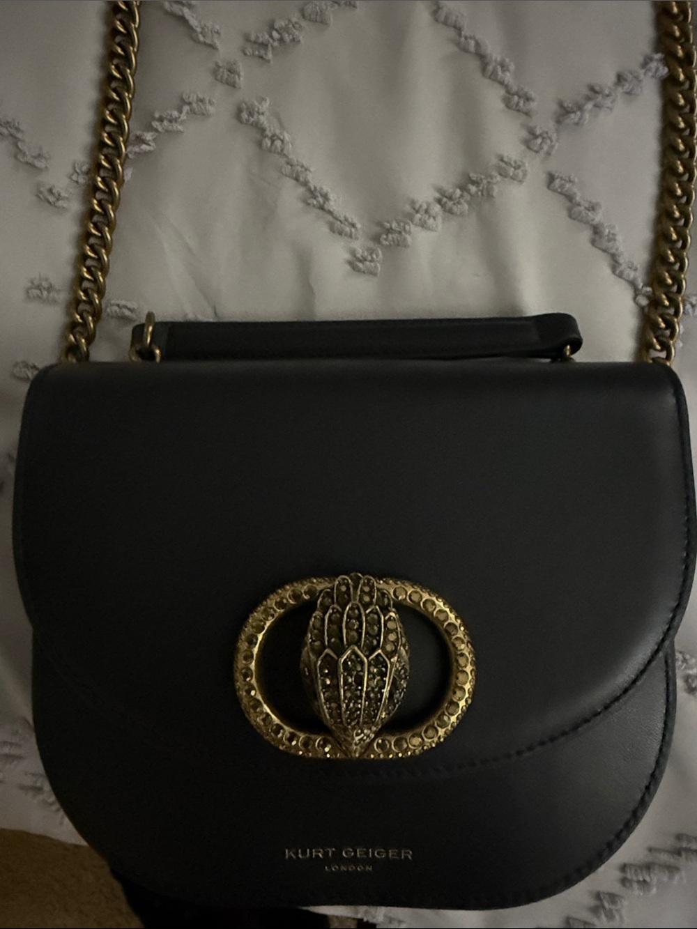 Kurt Geiger Black Leather Crossbody with Gold Emblem & Chain
